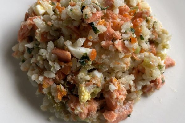 Fish recipe includes salmon, fresh carrots, broccoli, green beans, zucchini, spinach, real eggs, and protein-packed rice.